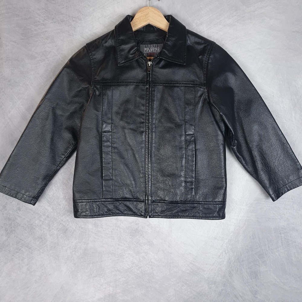 Wilsons Leather Jacket Kids Boys Medium Black Genuine Leather Zip Lined Classic